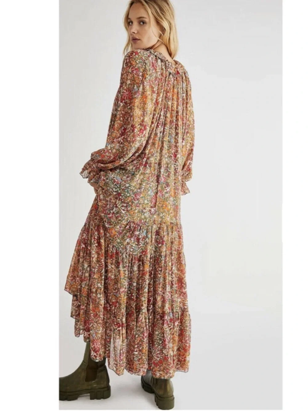 Free People Feeling Groovy Floral Tiered Boho Sheer Long Sleeve Maxi Dress XL - Picture 10 of 11